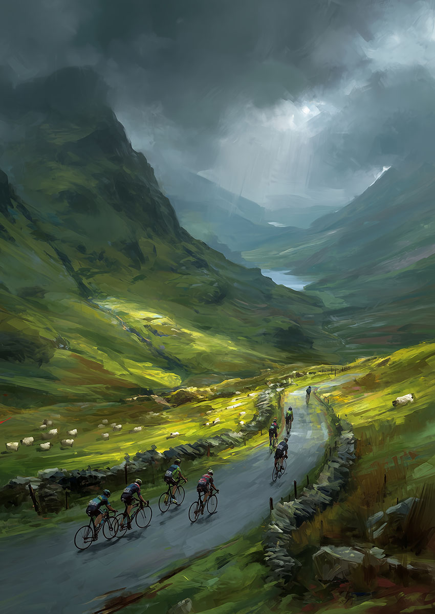 Cycling Scene in a Dramatic Landscape Canvas Print & Poster Wall Art - AI PRINT LAB
