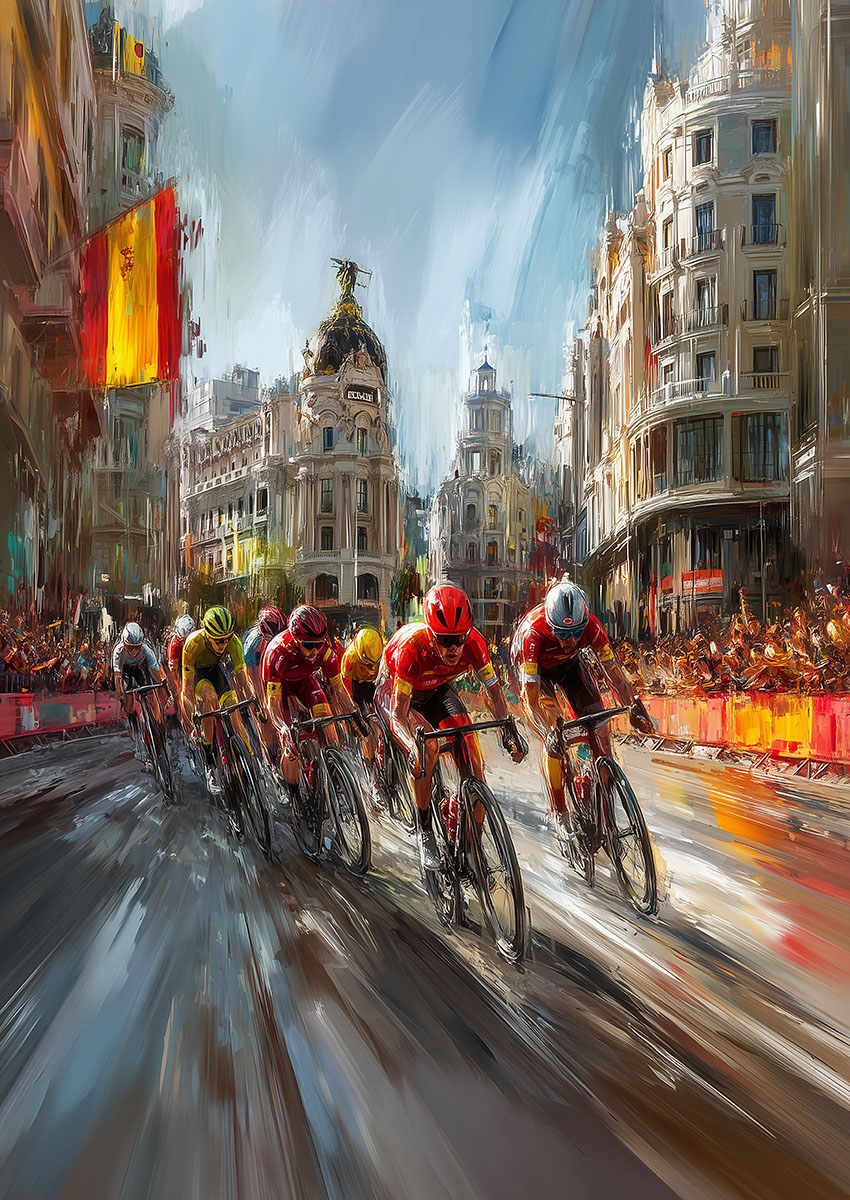 Dramatic artwork of cyclists racing through a vibrant city street during the day.