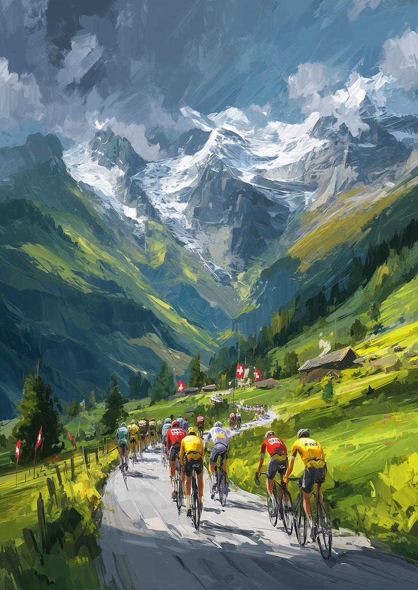 Dramatic artwork of a cycling group riding through alpine mountains
