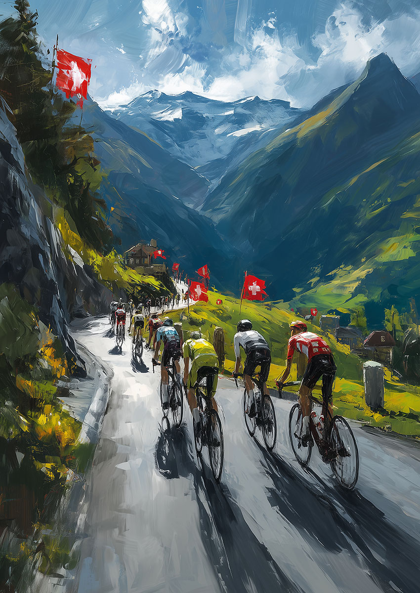 Artwork of cyclists racing through the Swiss mountains with flags and scenic views.