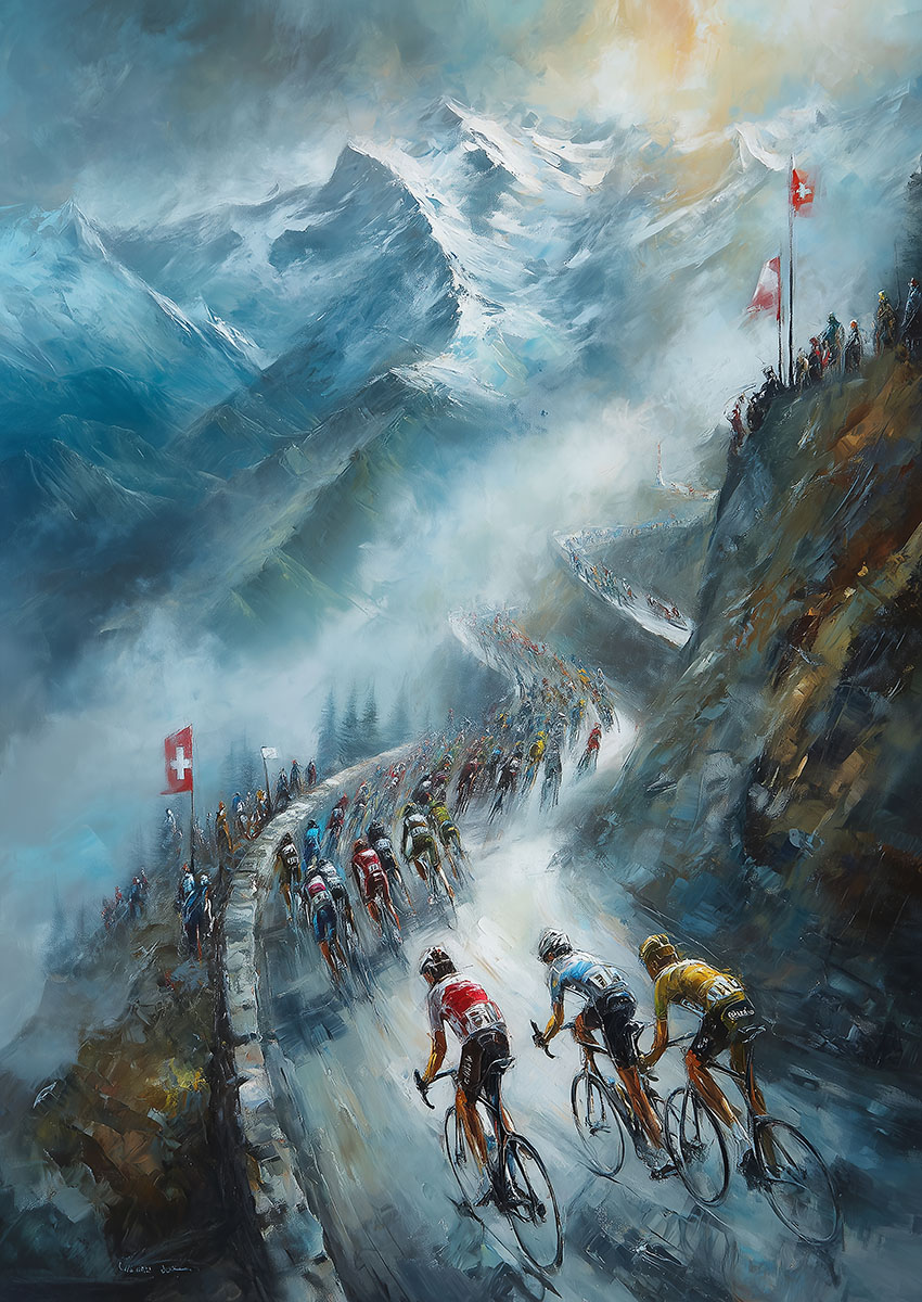 Dynamic artwork of a cycling race in the misty mountain landscape.