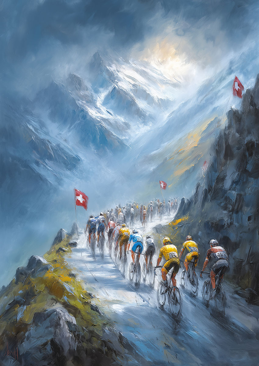 Cycling Group in Mountainous Landscape Canvas Print & Poster Wall Art - AI PRINT LAB