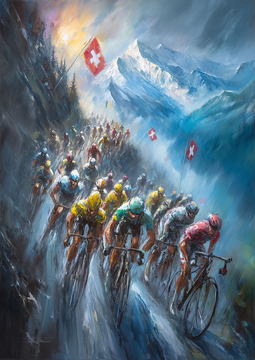 Dynamic artwork of cyclists racing through a dramatic mountain landscape with flags