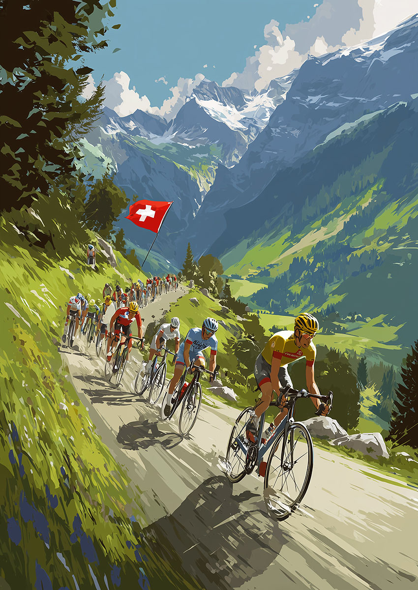 Cycling Race in Swiss Alps Canvas Print & Poster Wall Art - AI PRINT LAB
