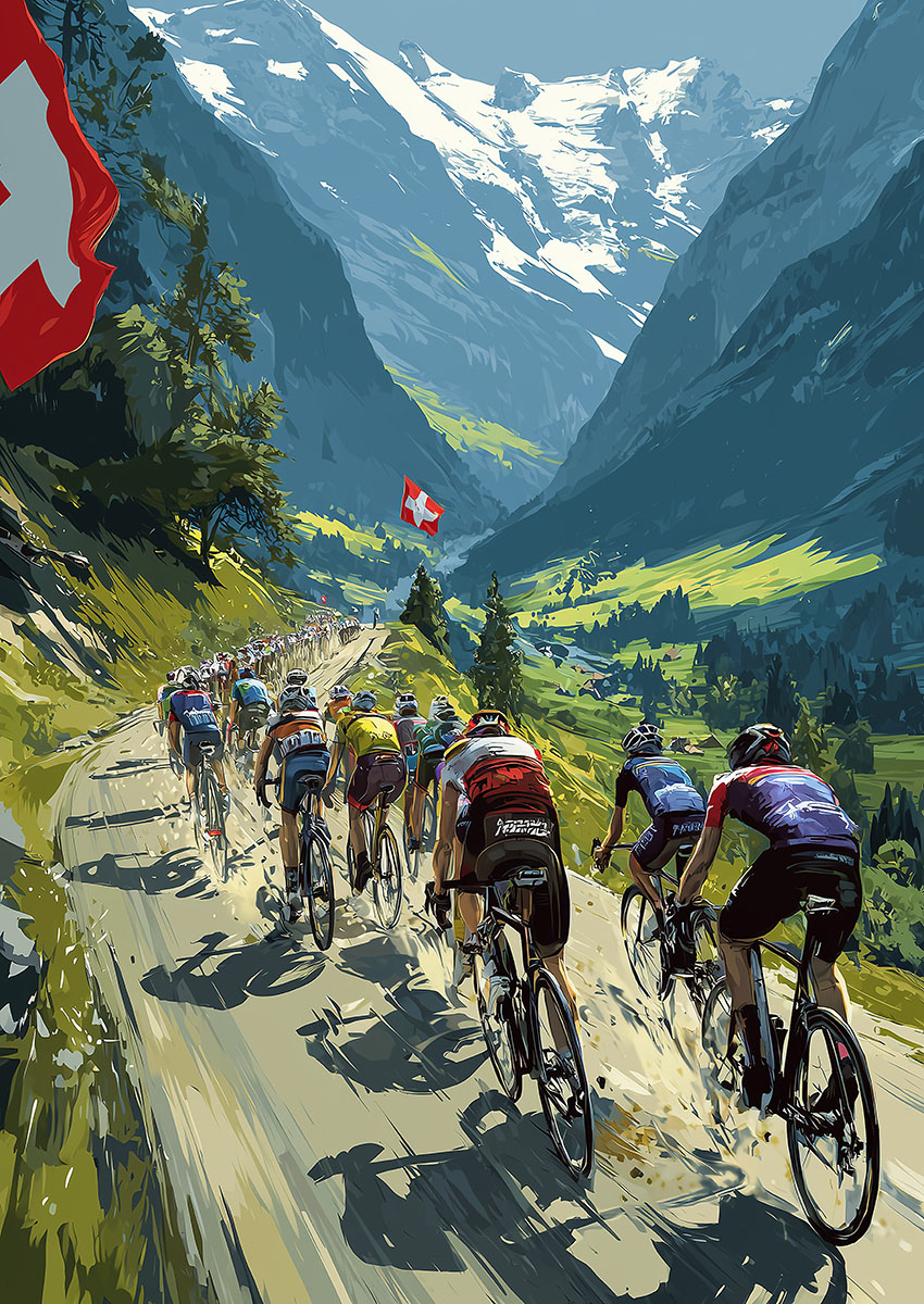 Dynamic artwork of a cycling race in the Swiss Alps with lush green mountains and blue skies.