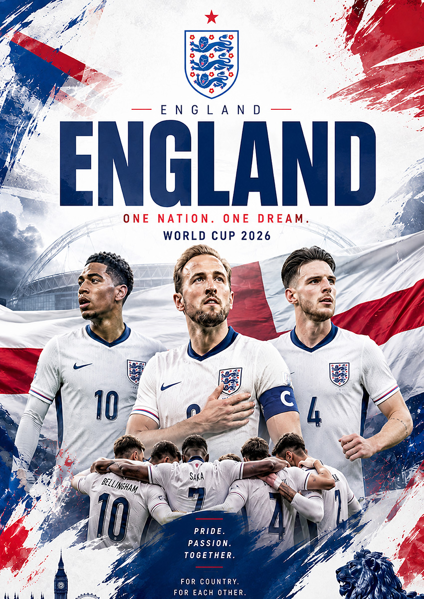 England National Football Team players on a patriotic background for the 2026 World Cup