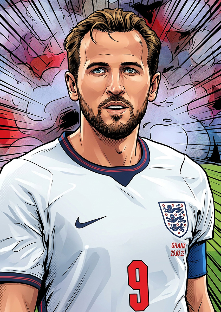 Comic-style portrait illustration of Harry Kane wearing the England international white football kit