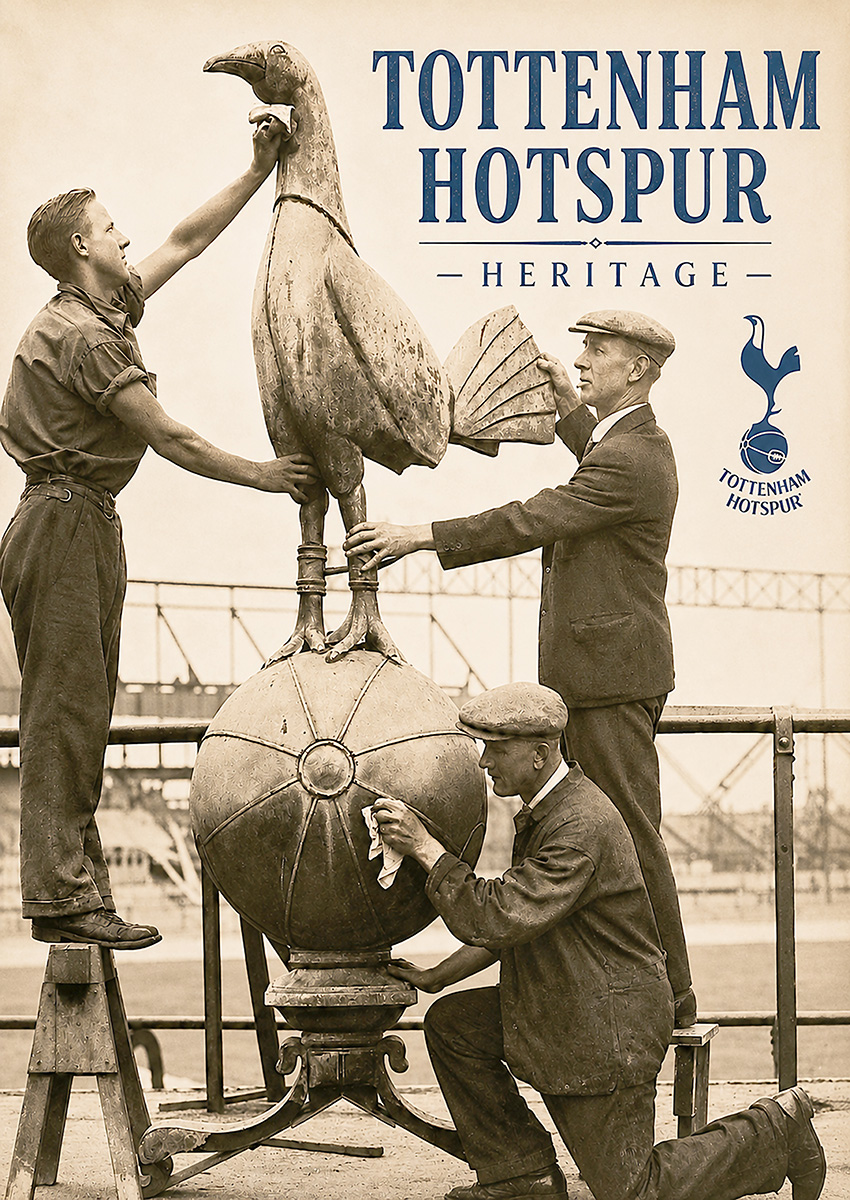 Vintage style photograph showing workers cleaning the historic Tottenham Hotspur golden cockerel emblem