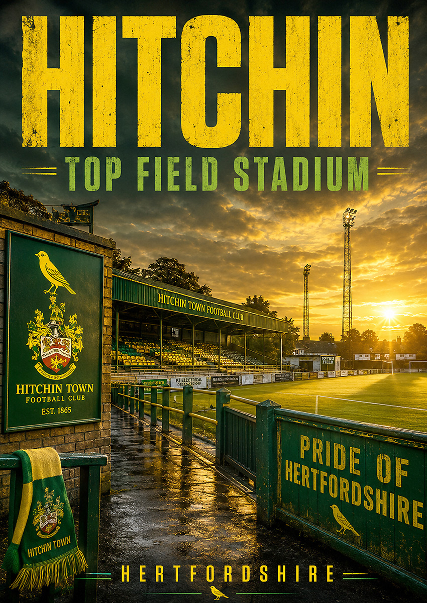 Dramatic sunset over Hitchin Town FC Top Field Stadium with club crest and scarf