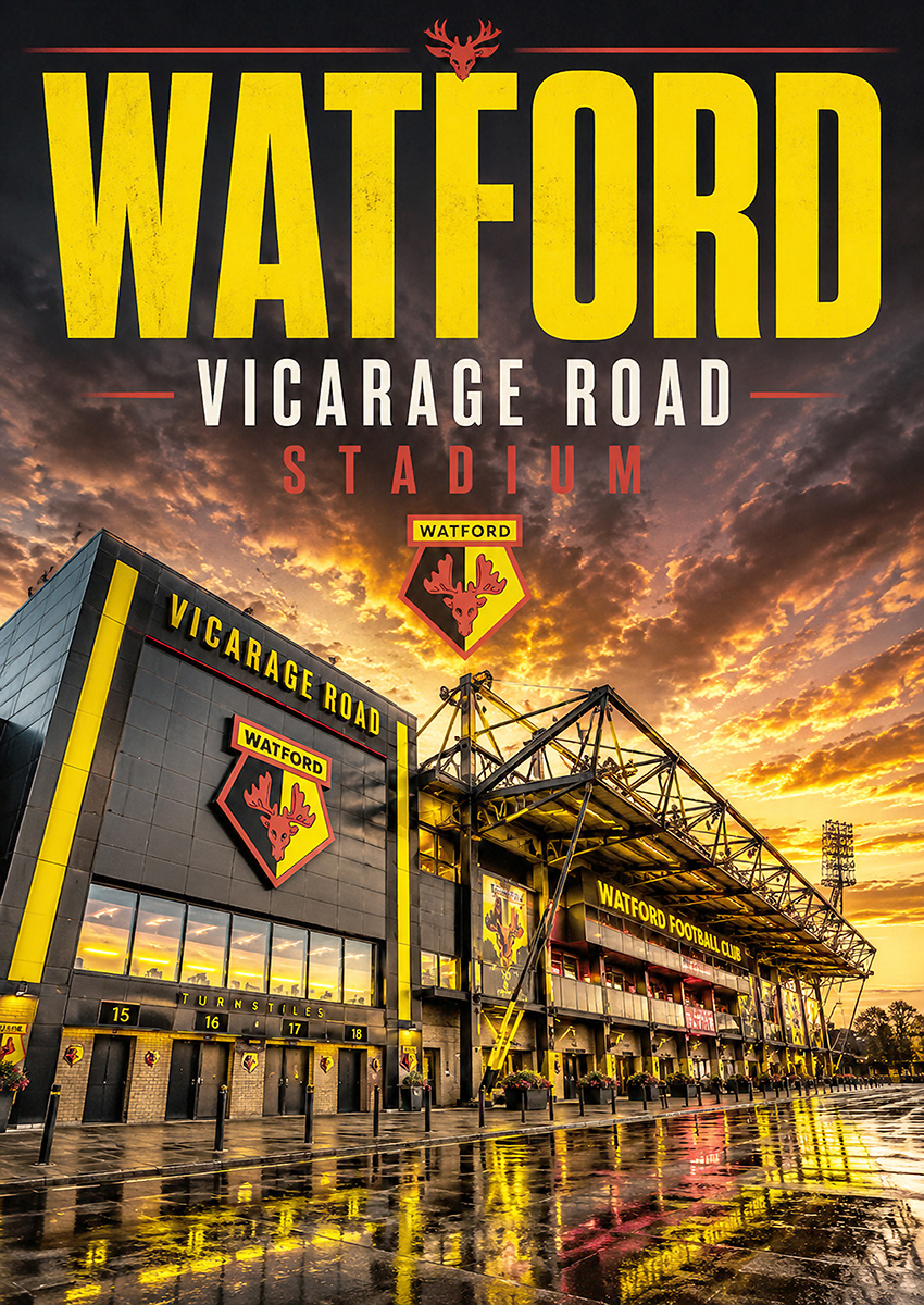 Dramatic sunset view of Watford FC's Vicarage Road Stadium with the club crest and wet ground reflections
