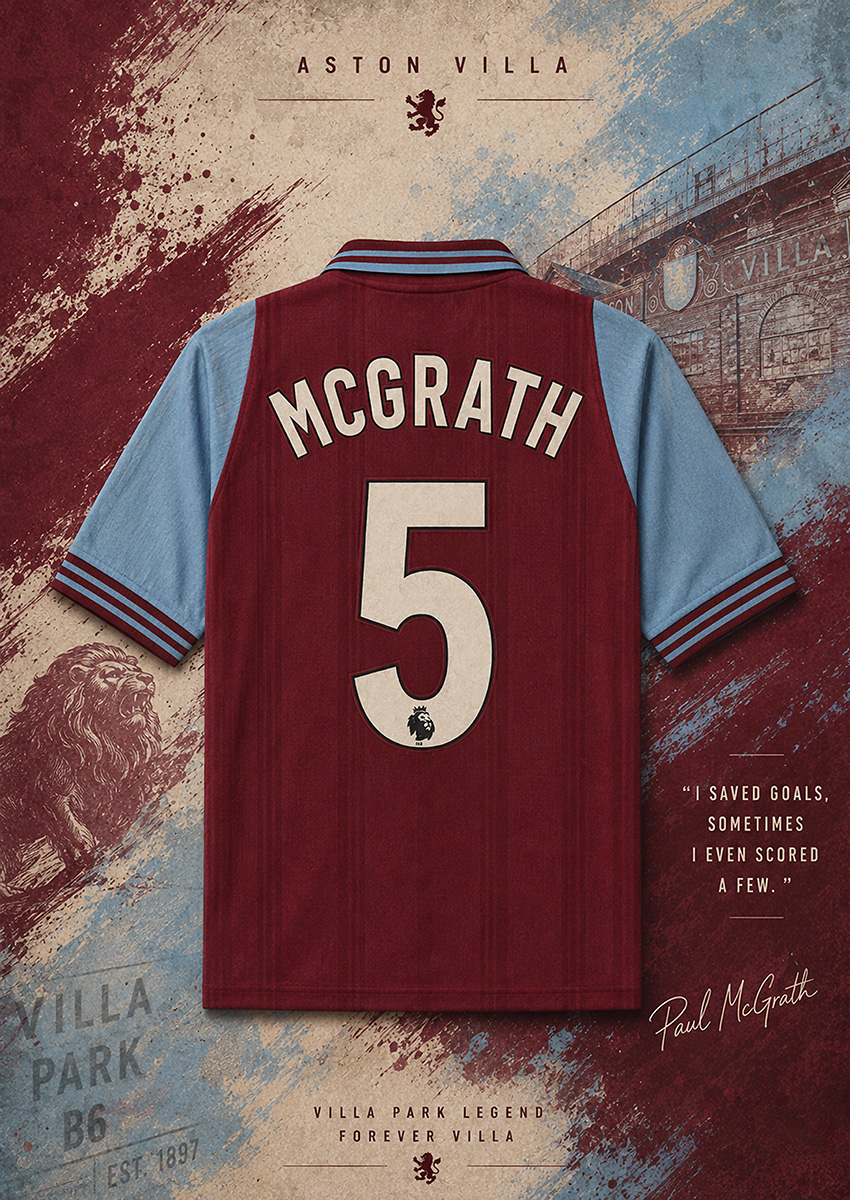 Vintage style artwork featuring a Paul McGrath Aston Villa football shirt with number 5