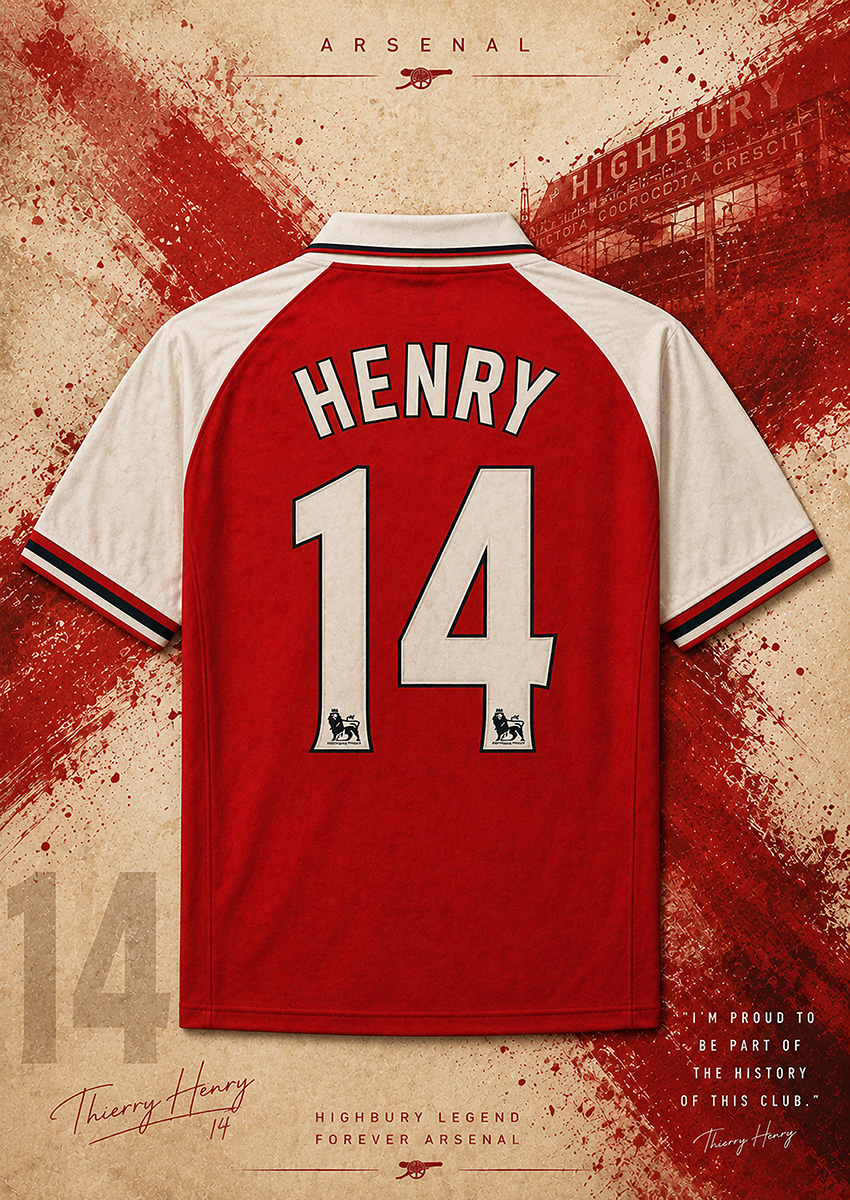Vintage style artwork featuring the Thierry Henry number 14 Arsenal football jersey with Highbury background
