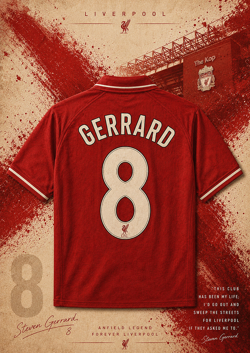 Artwork of Steven Gerrard number 8 Liverpool football jersey with The Kop stadium background