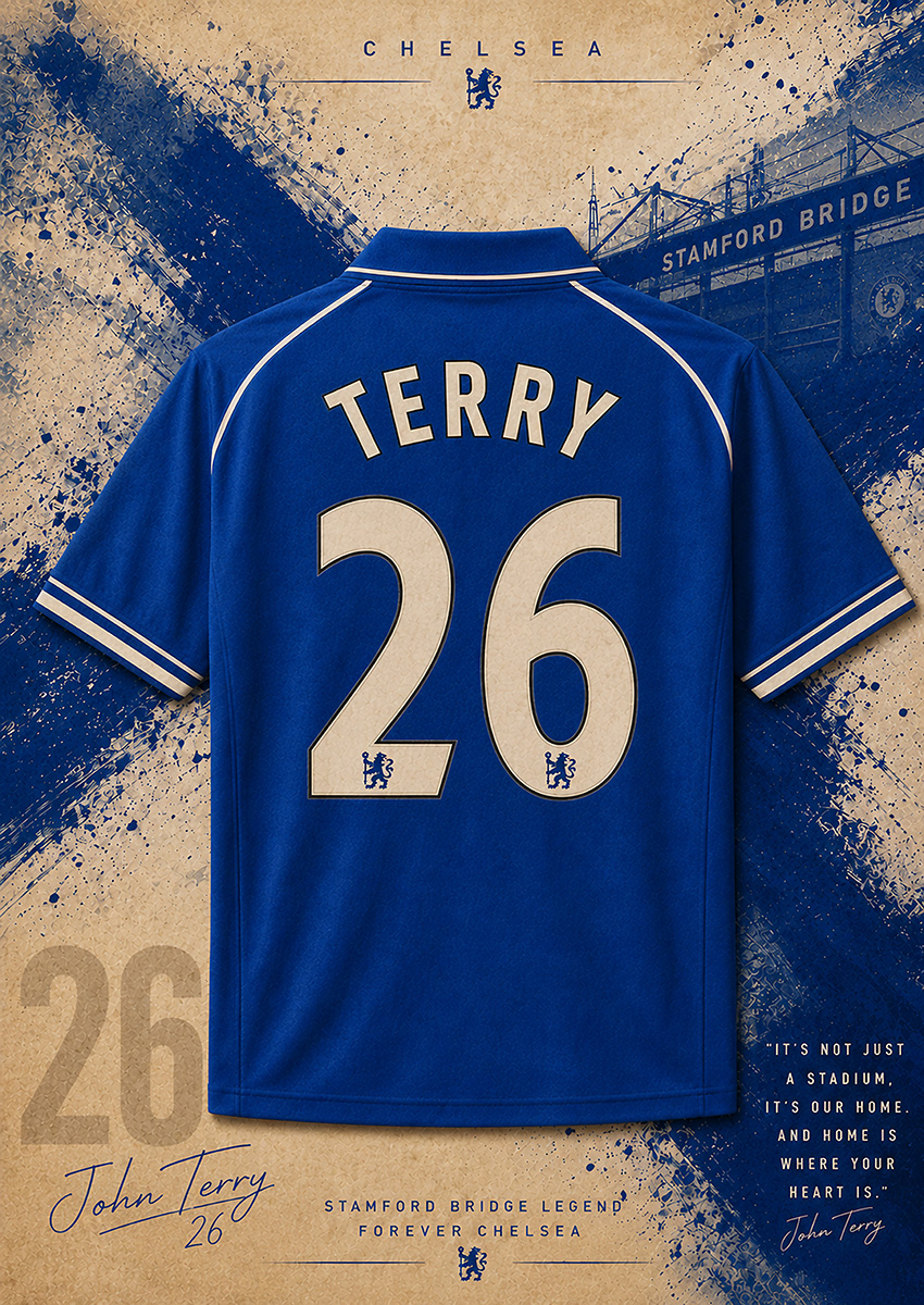 Artwork featuring John Terry Chelsea football shirt with number 26 and Stamford Bridge stadium background