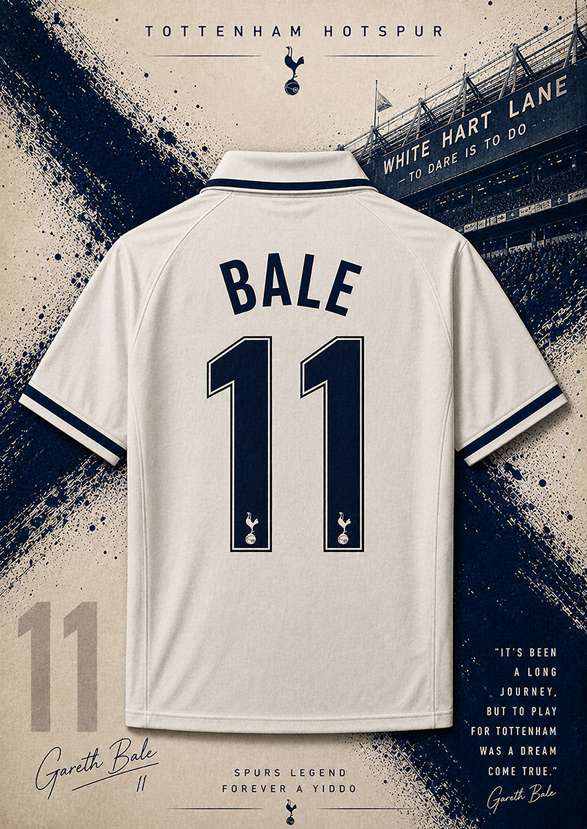 Gareth Bale Tottenham Hotspur football shirt artwork featuring number 11 and stadium imagery