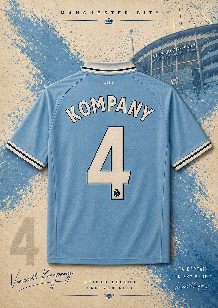 Vincent Kompany Manchester City number 4 football shirt design with Etihad Stadium background