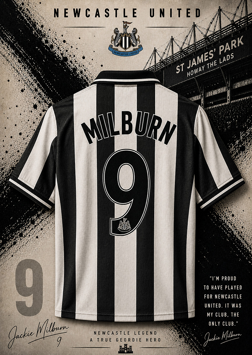 Retro style artwork featuring Newcastle United legend Jackie Milburn, his number 9 shirt, and the St James' Park stadium branding.