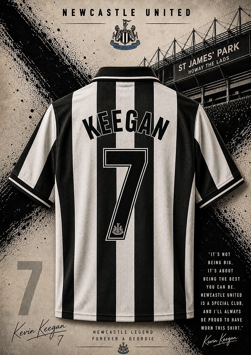 Vintage style artwork featuring a Kevin Keegan Newcastle United number 7 shirt with St James' Park background