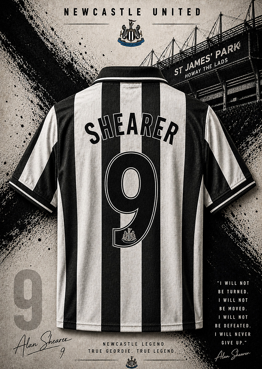 Vintage style artwork of an Alan Shearer Newcastle United number 9 shirt with St James Park backdrop
