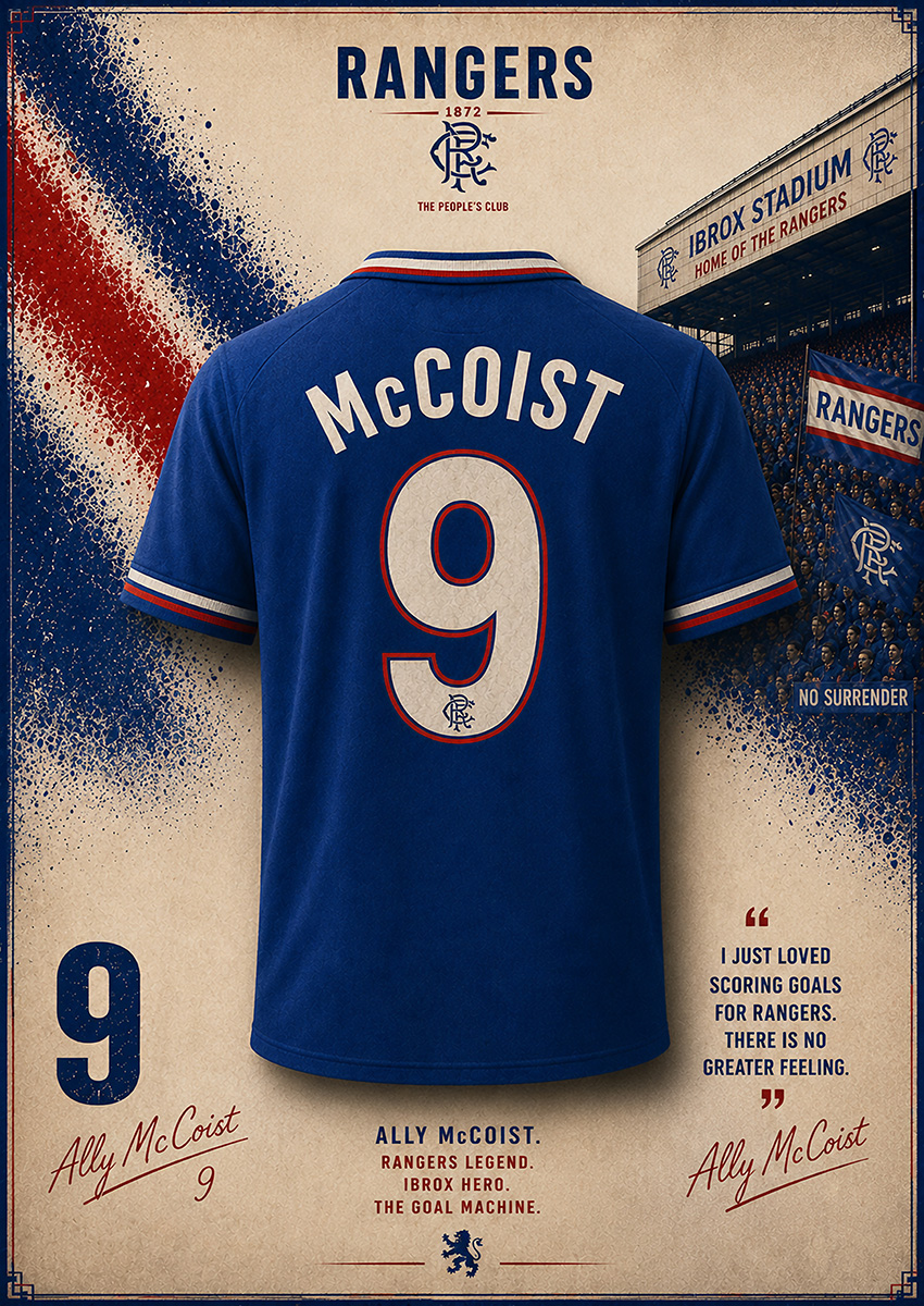Vintage style artwork featuring a Rangers FC football shirt with Ally McCoist and number 9 on the back
