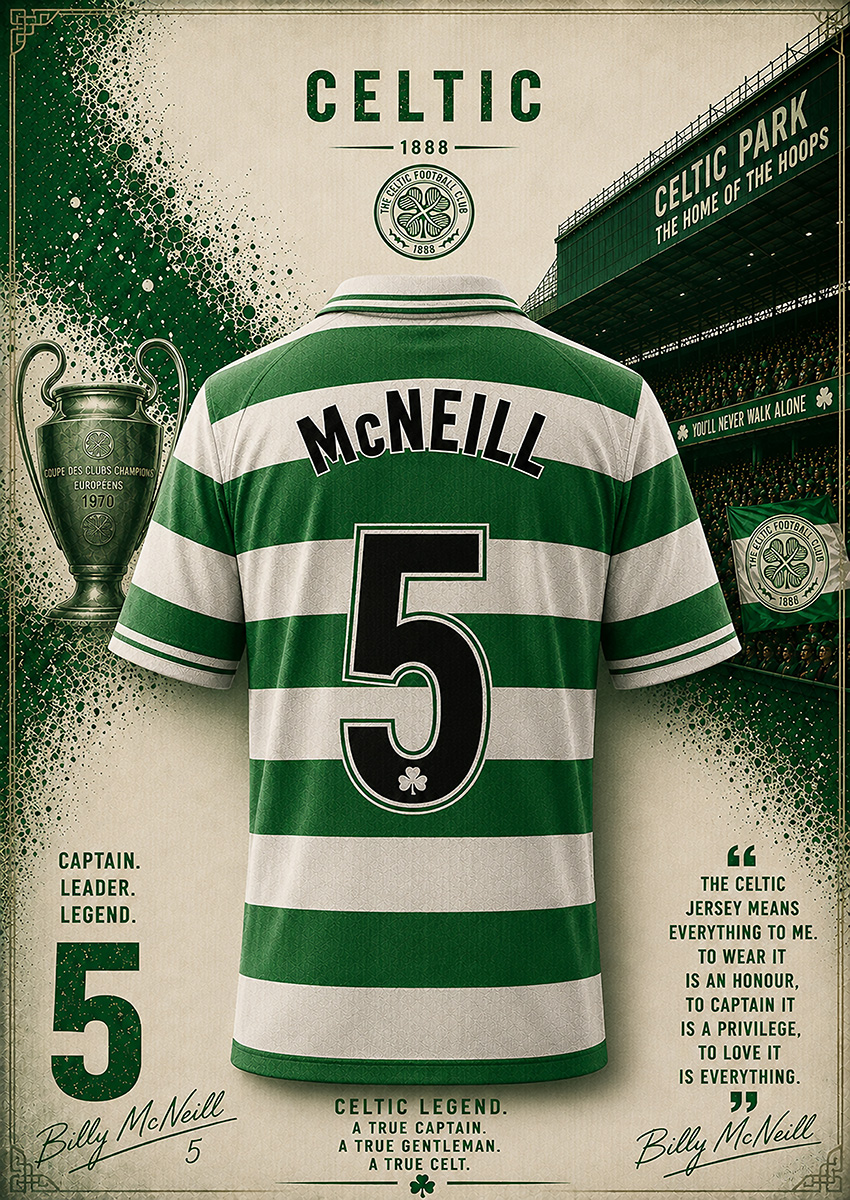 Artwork featuring the Billy McNeill Celtic FC jersey with the European Cup and Celtic Park stadium details