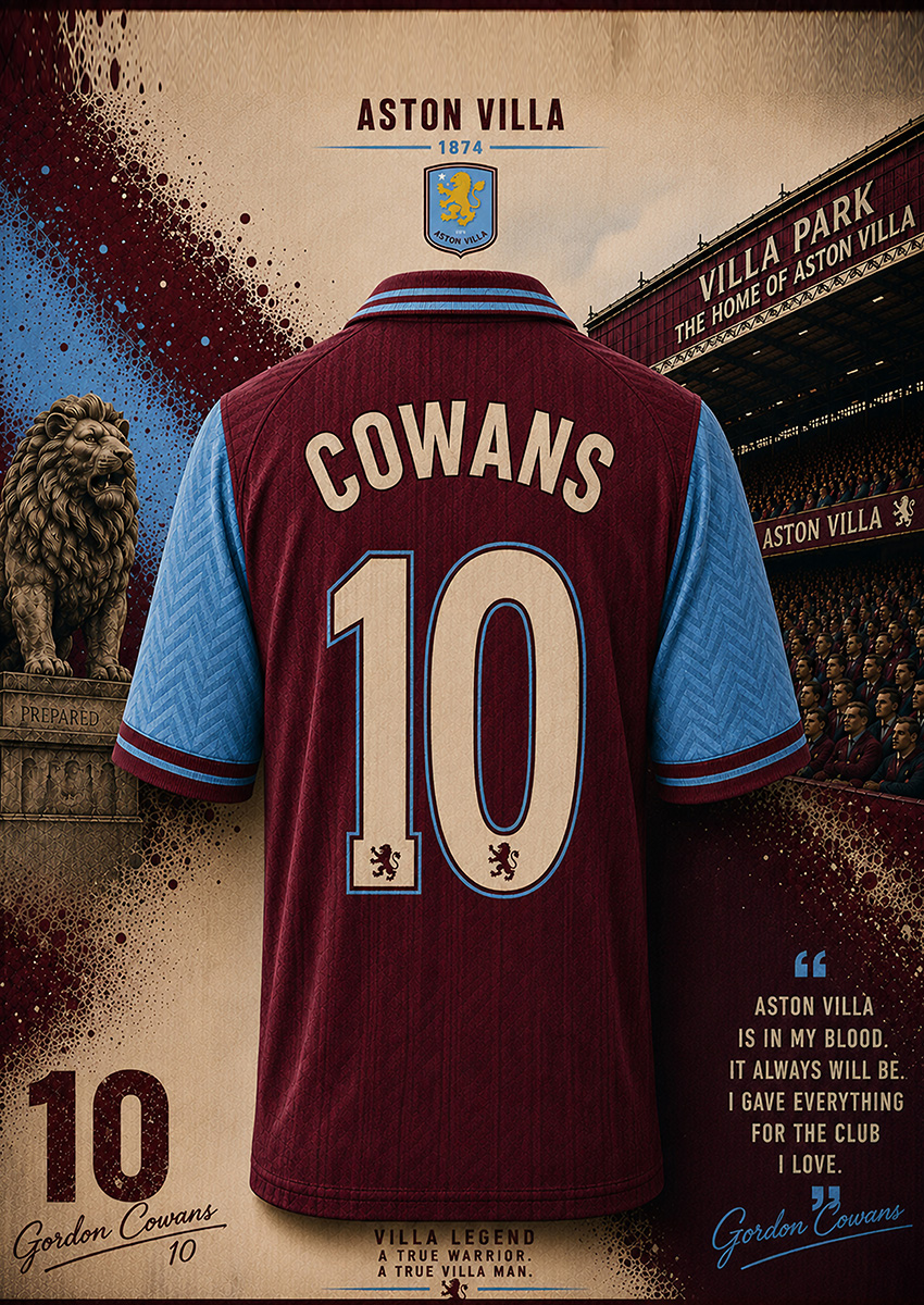 Artwork featuring a Gordon Cowans Aston Villa football shirt with Villa Park branding