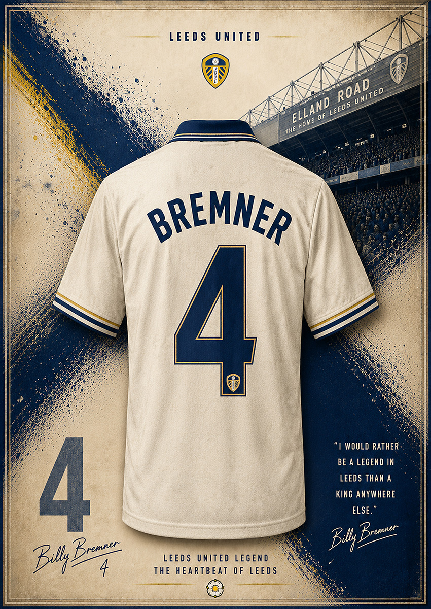 Vintage style artwork featuring Billy Bremner number 4 Leeds United jersey with Elland Road stadium in the background