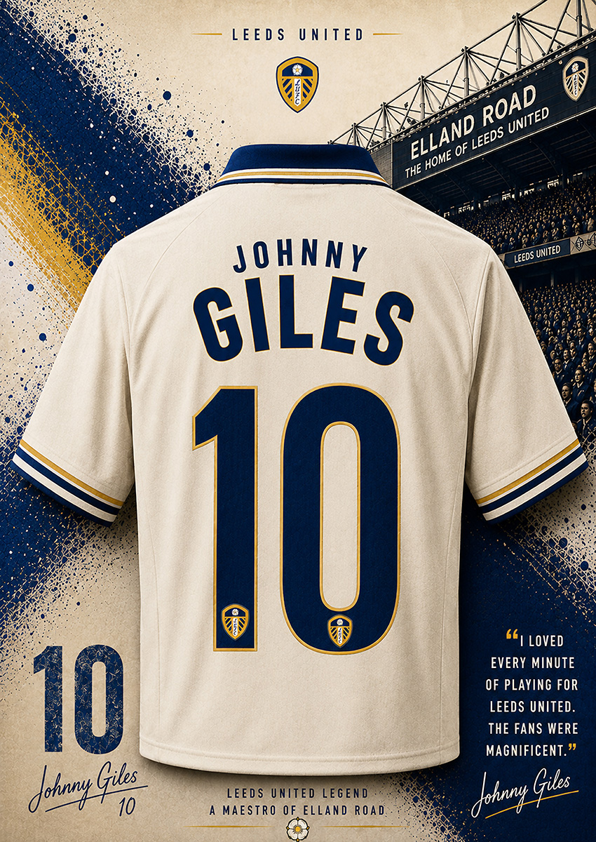 Artwork of Johnny Giles Leeds United number 10 shirt displayed in front of Elland Road stadium