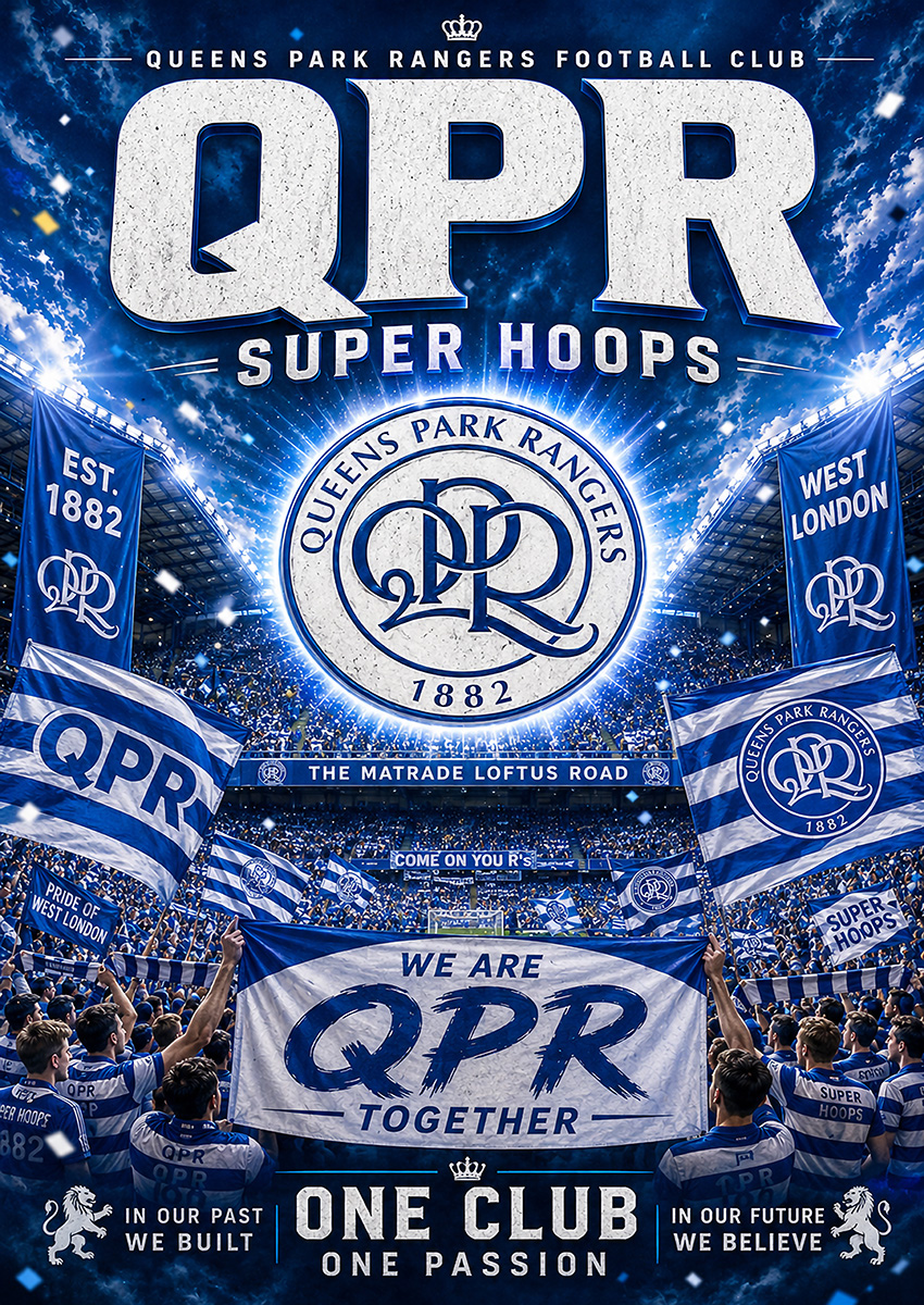 Vibrant Queens Park Rangers football artwork featuring the team crest and banners at Loftus Road stadium