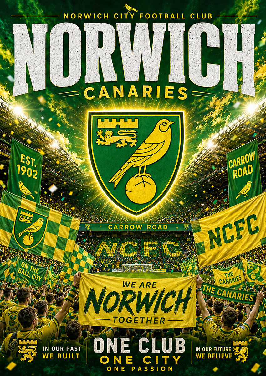 Vibrant artwork of Norwich City FC fans holding flags at Carrow Road stadium with the club crest in the centre
