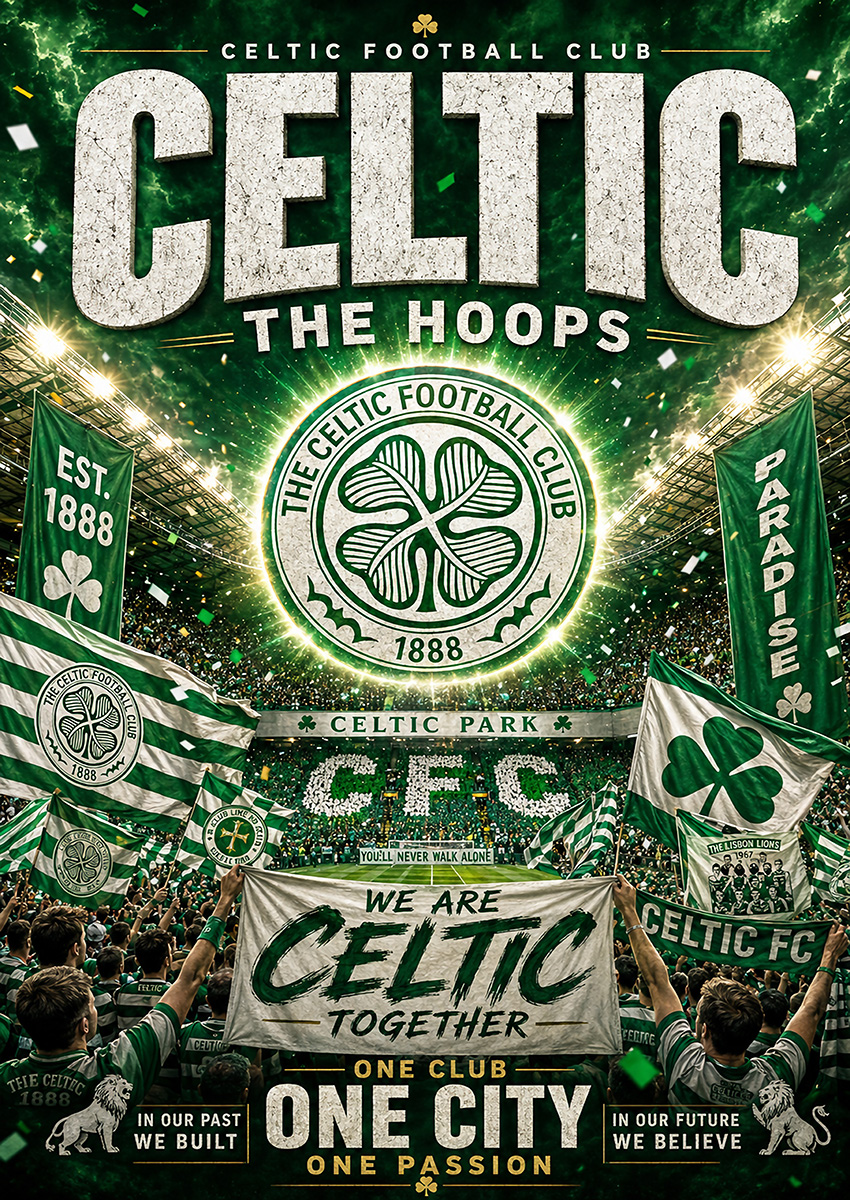 Artwork of the Celtic Football Club badge with fans at Celtic Park celebrating with banners and flags