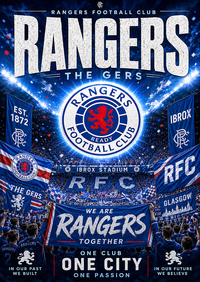 Vibrant illustration of Rangers Football Club at Ibrox Stadium with fans and club banners