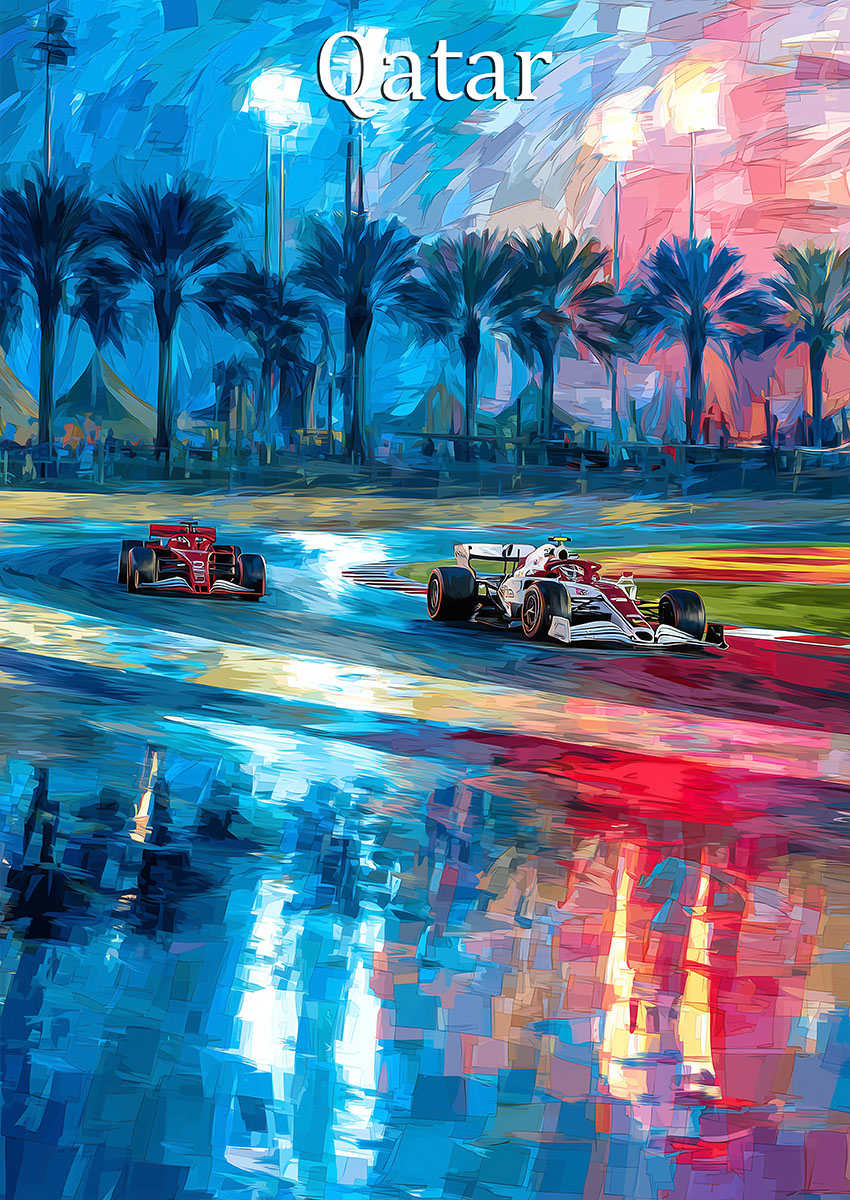 Formula One Cars Racing in Qatar Canvas Print & Poster Wall Art - AI PRINT LAB