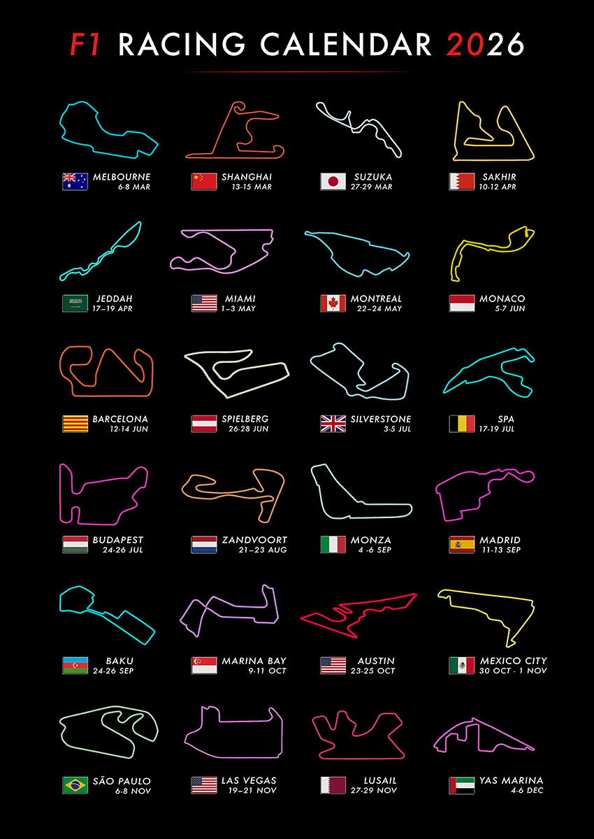 F1 Racing Calendar 2026 Canvas Print & Poster Wall Art - AI PRINT LAB