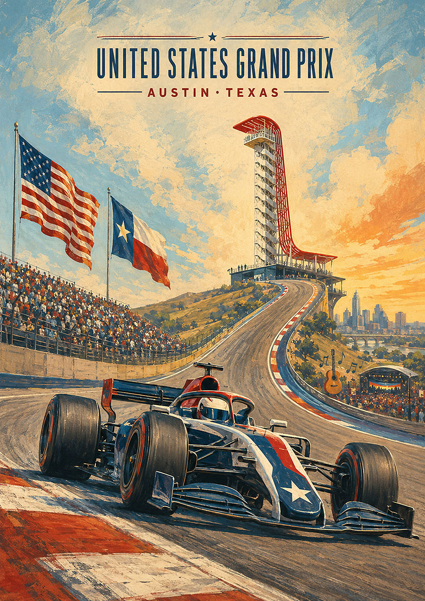 Artistic illustration of a Formula One car racing at the United States Grand Prix Circuit of the Americas in Austin