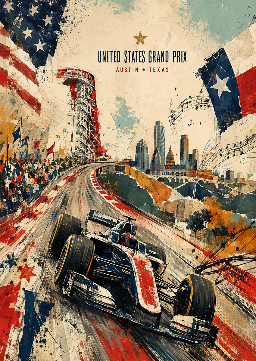 Vintage style illustration of a Formula One car racing at the United States Grand Prix in Austin