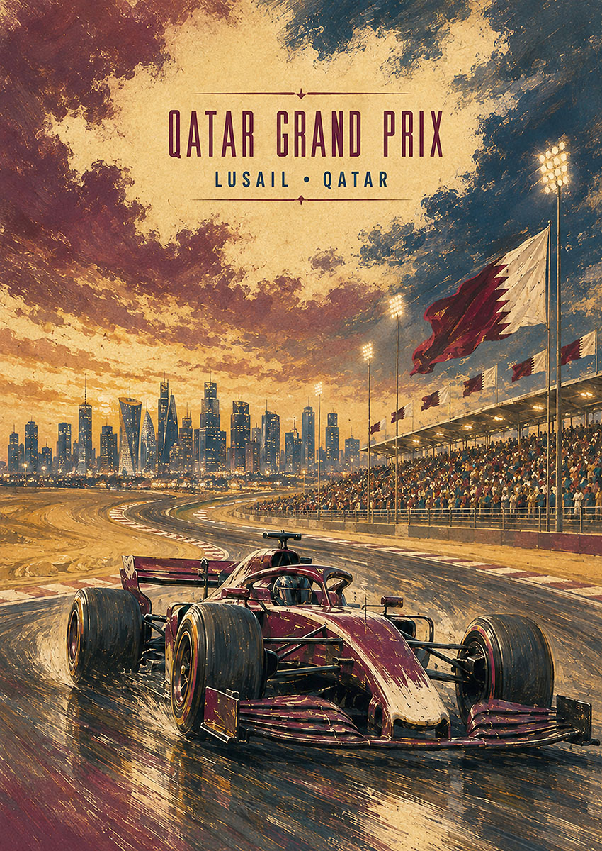 Artistic illustration of a Formula One car on the Lusail International Circuit during the Qatar Grand Prix at sunset
