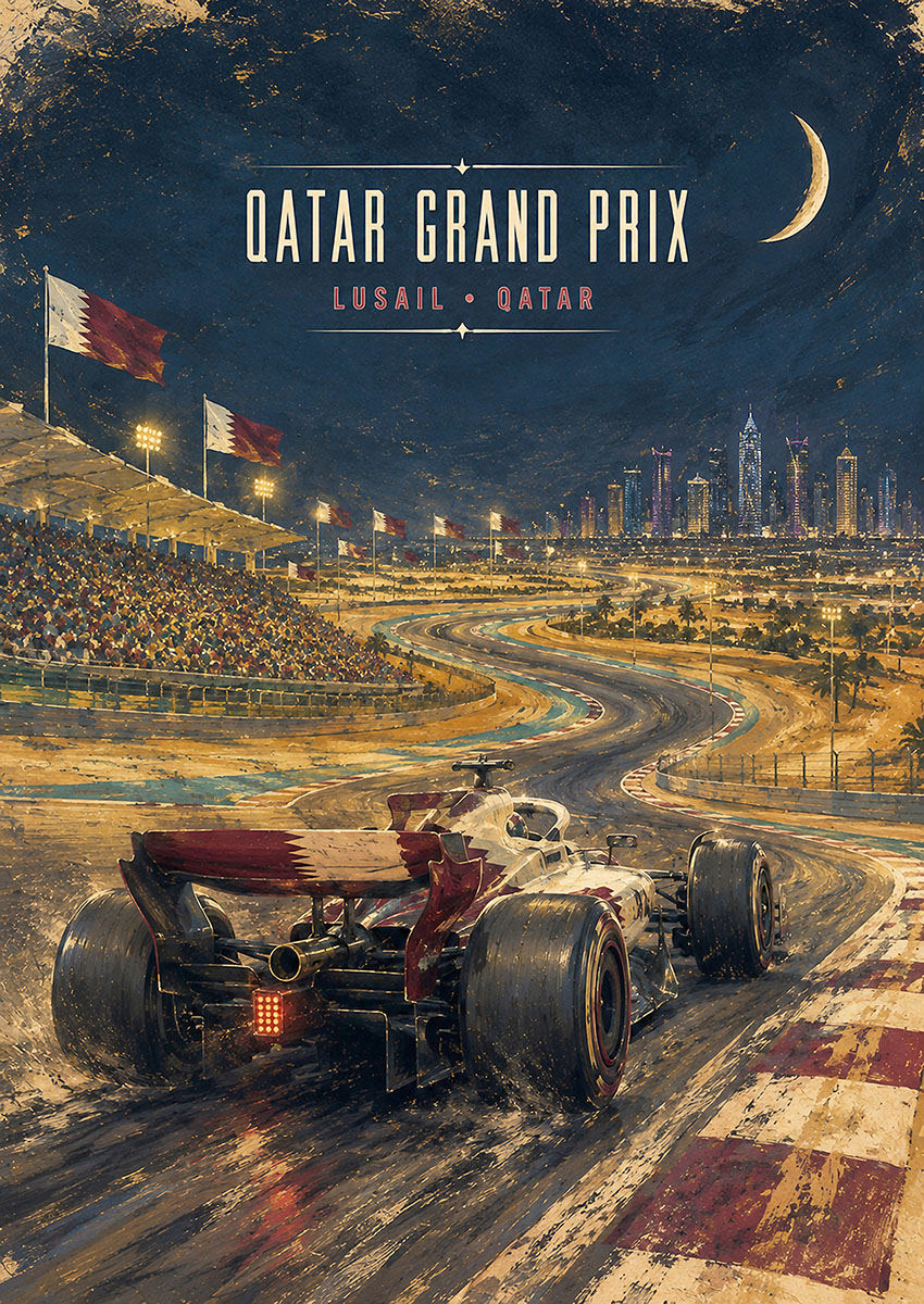 Artwork of a Formula One car racing on the Lusail track during the Qatar Grand Prix at night