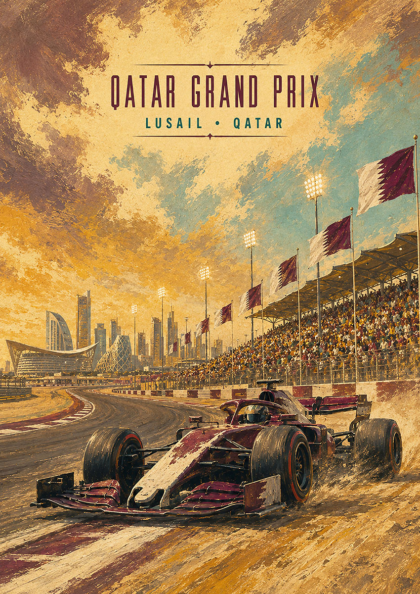 Textured artwork of a Formula One car racing at the Qatar Grand Prix in Lusail with city skyline background
