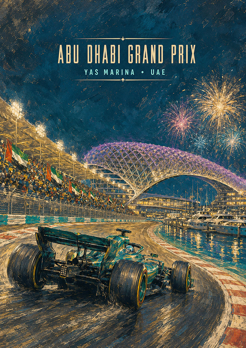 Impressionistic painting of a Formula One car racing at the Yas Marina Circuit under fireworks during the Abu Dhabi Grand Prix