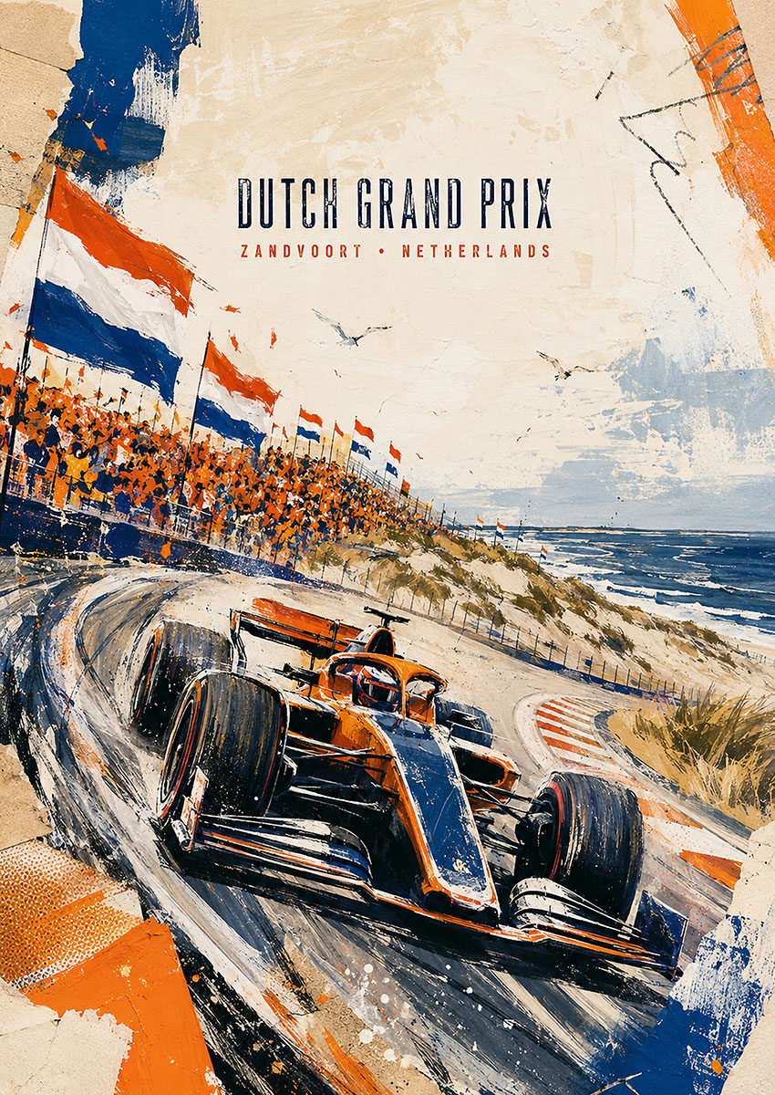 Impressionist artwork of a Formula 1 car racing at the Zandvoort Dutch Grand Prix circuit with fans in the background