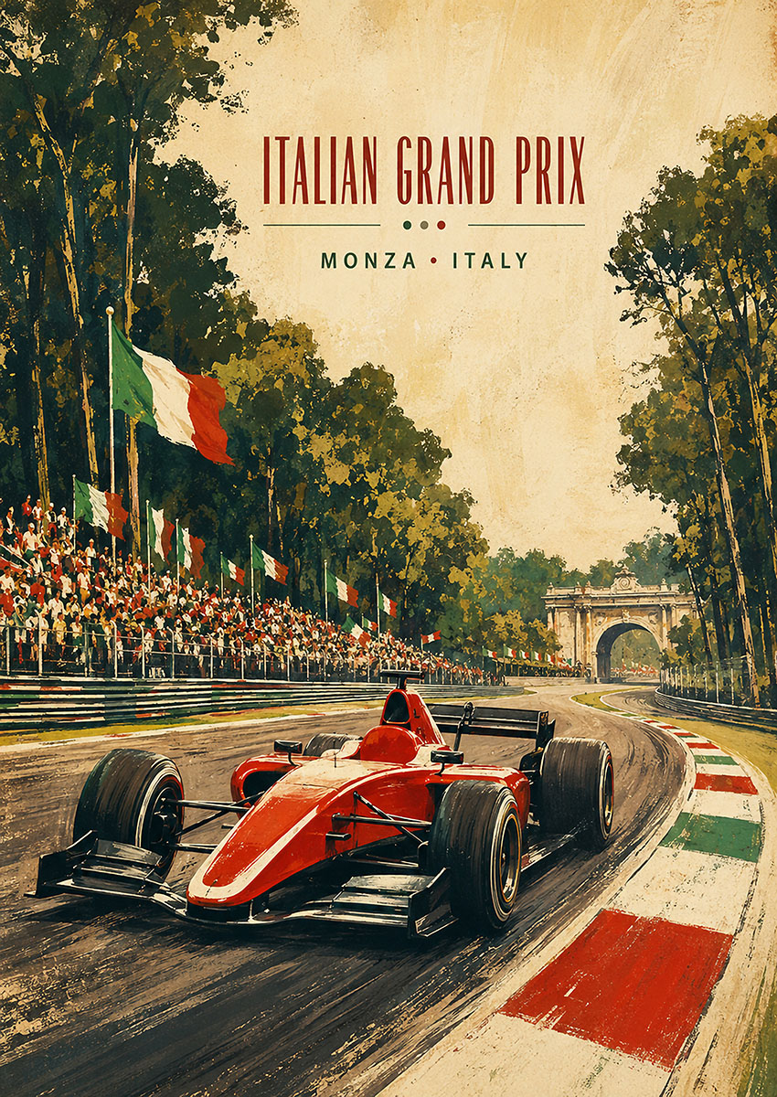 Vintage style artwork of a red racing car at the Italian Grand Prix at Monza circuit with Italian flags