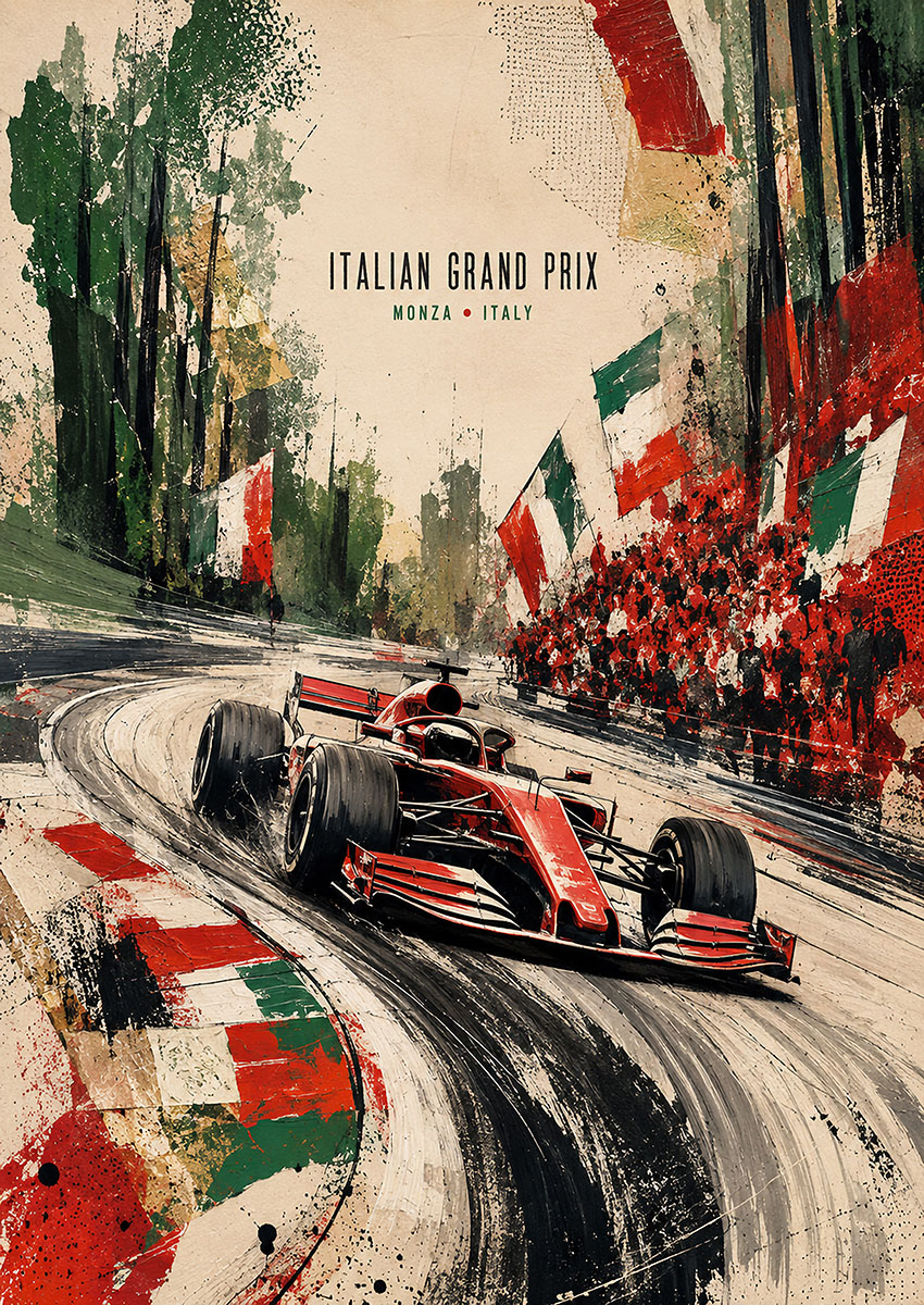Artistic rendering of a Formula One car racing at the Italian Grand Prix in Monza with Italian flags and crowd