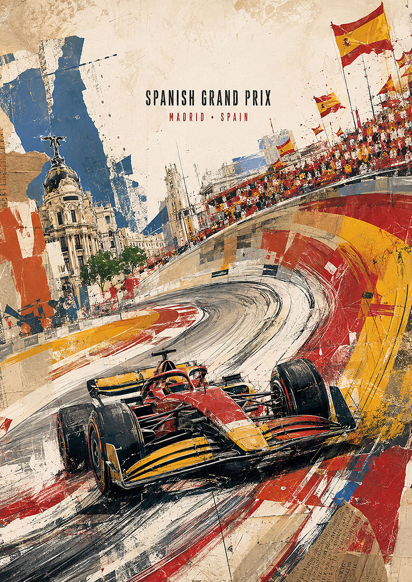 Artistic illustration of a Formula One car racing at the Spanish Grand Prix with Madrid architecture in the background