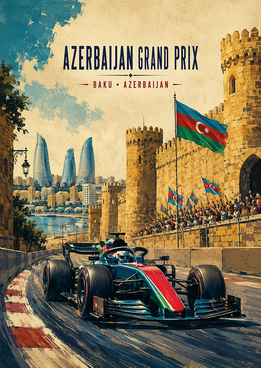 Vintage style illustration of a Formula One car racing on the Baku city circuit in front of ancient stone walls