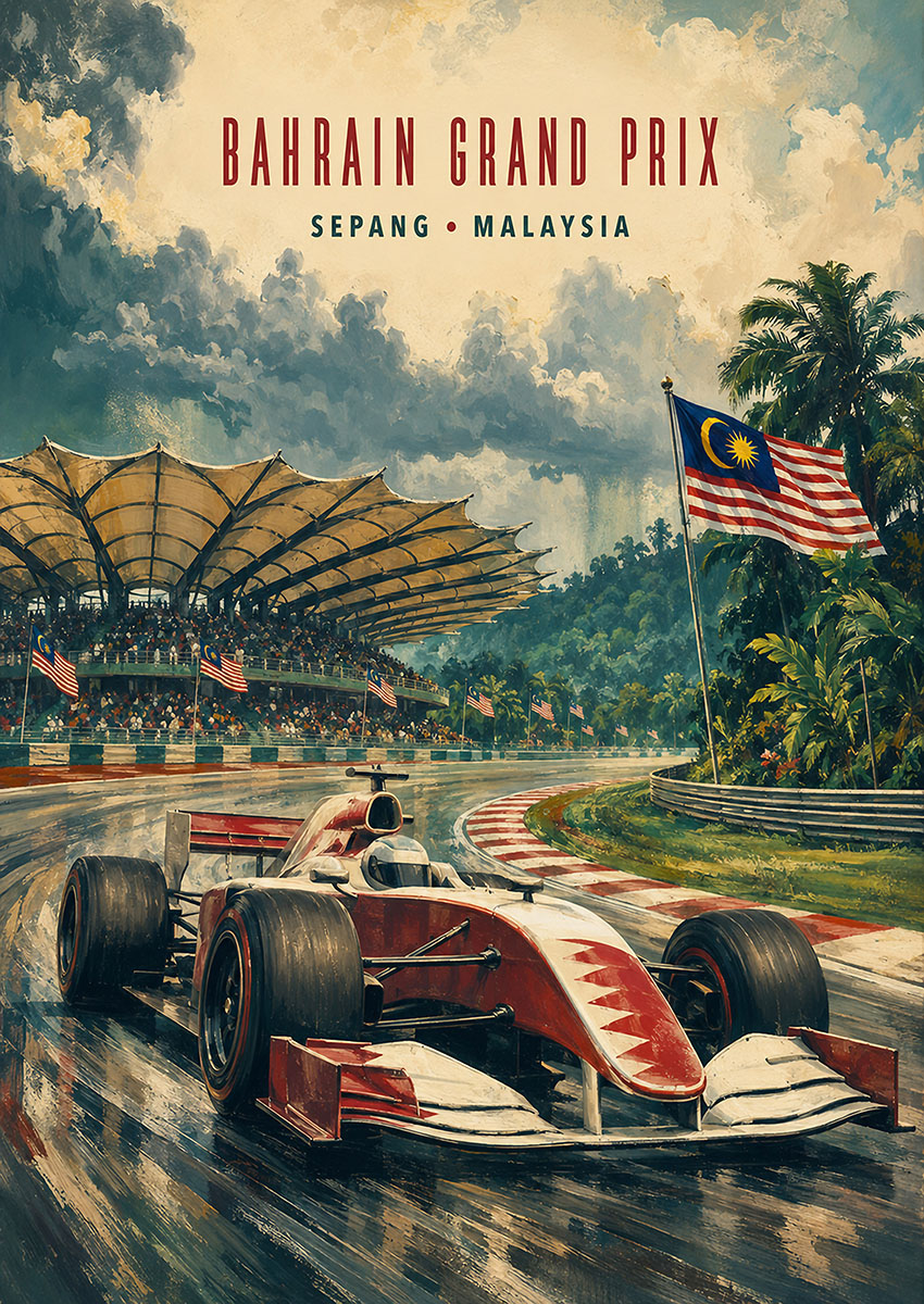 Oil painting style artwork of a Formula One race car on a wet track at the Sepang circuit with Malaysian flags waving