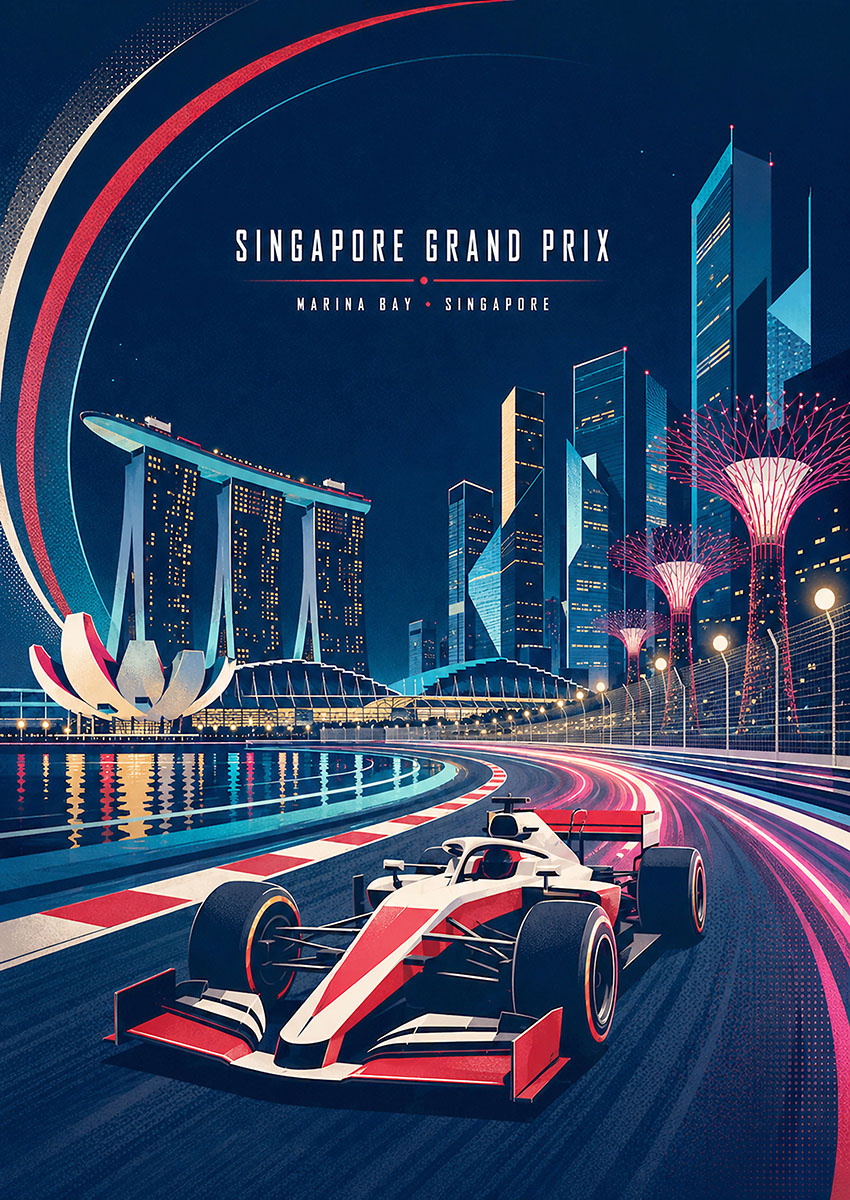Vibrant illustration of the Singapore Grand Prix at Marina Bay featuring an F1 car on a night circuit
