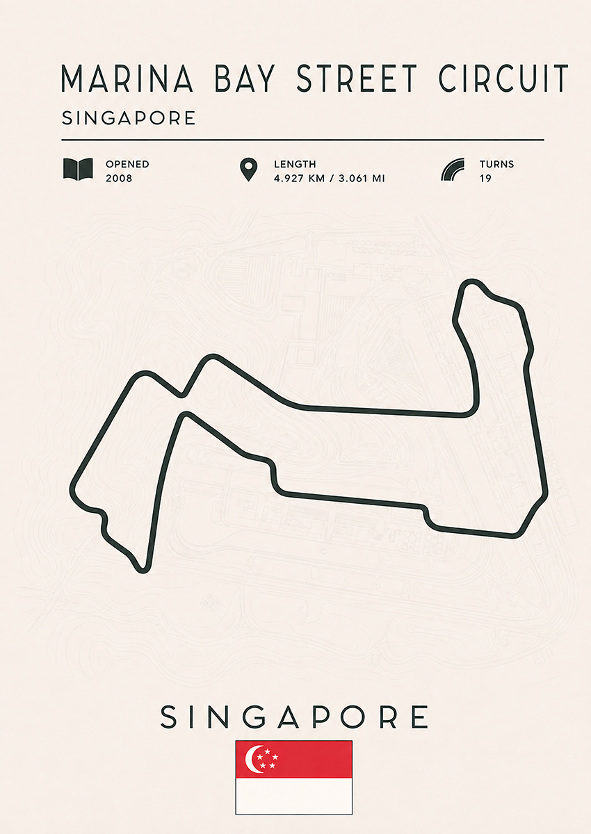 Minimalist art print of the Marina Bay Street Circuit track map in Singapore
