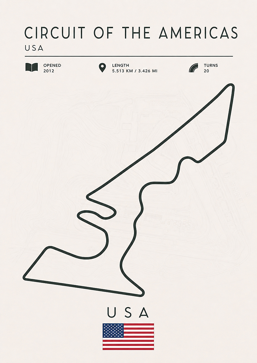 Minimalist technical illustration of the Circuit of the Americas Formula One track layout