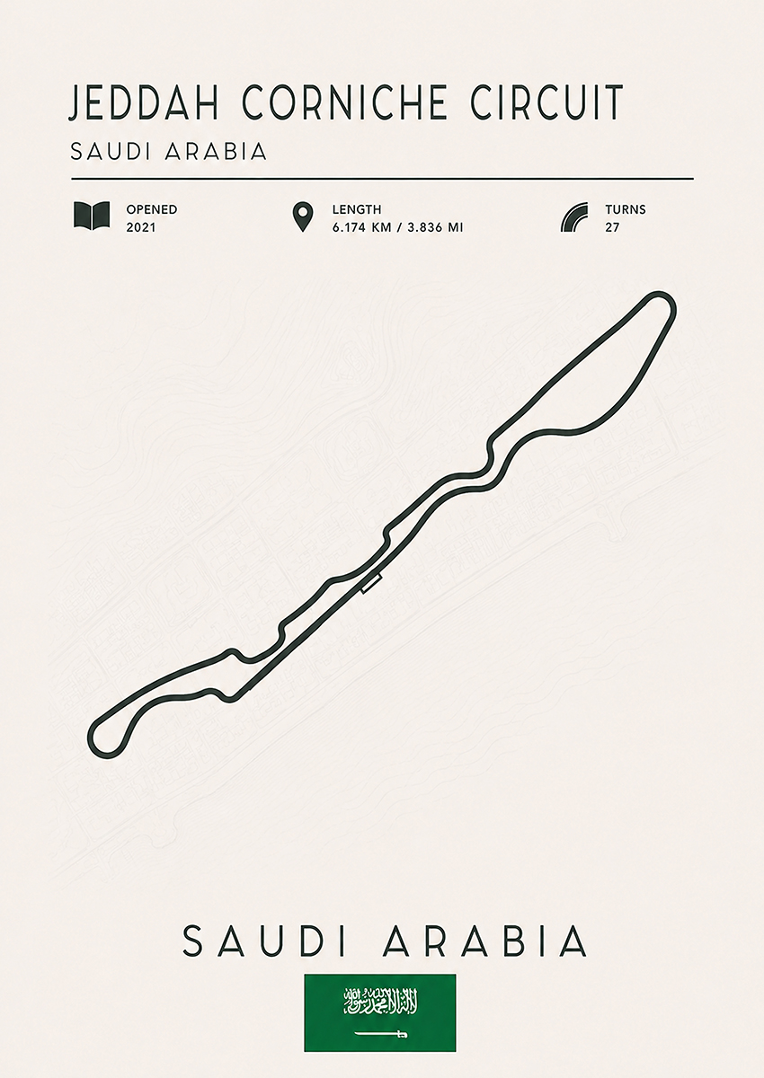 Minimalist technical map of the Jeddah Corniche Circuit Formula 1 track on a neutral background